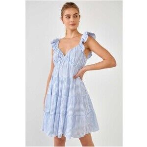 ENGLISH FACTORY Gingham Tiered Mini Dress Blue & White Size Large Cottage Core